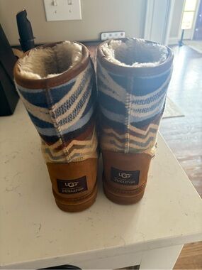 UGG Chestnut Suede & Blue Patterned Wool Boots
